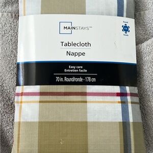 Mainstays Checkered Tablecloth in Beige, White, and Blue - round 70inch